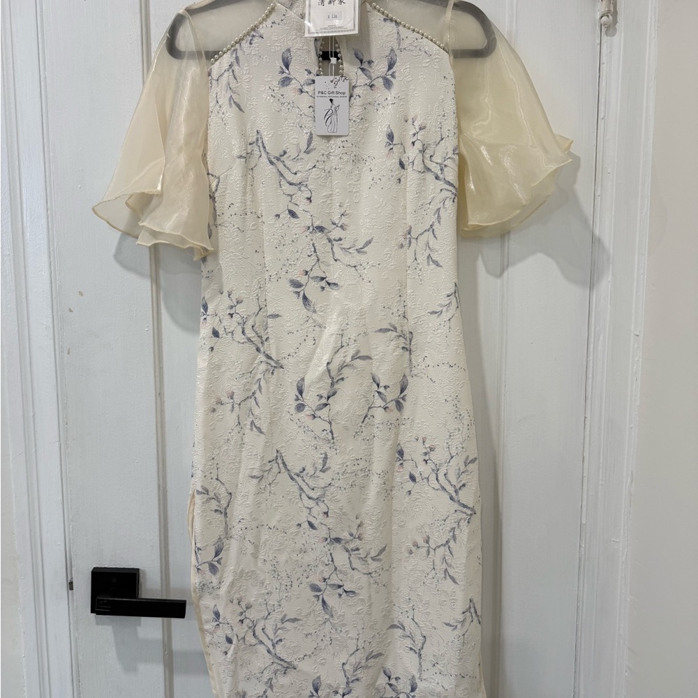 Floral Cream Dress with Sheer Sleeves